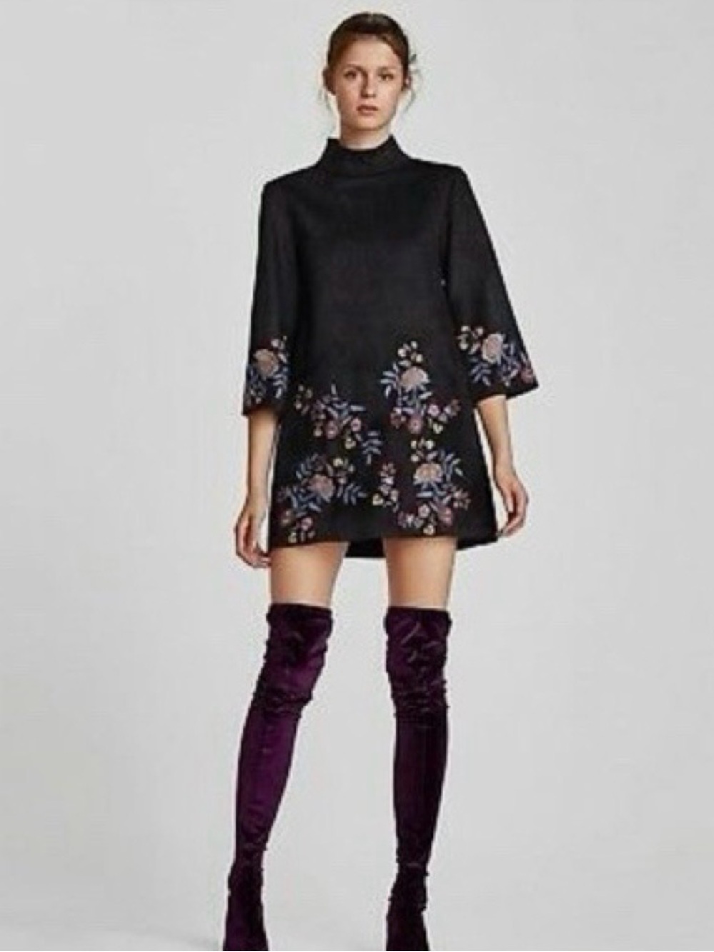 Zara Black Bohemian Mini Embroidered Floral Suede Dress-Size Small